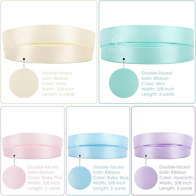 Pastel Rainbow Satin Ribbon Set – 3/8" x 50 Yards, Colorful Assorted Ribbons for Crafts, Gift Wrapping, Party Decorations, DIY Projects, and Handmade Hair Bows
