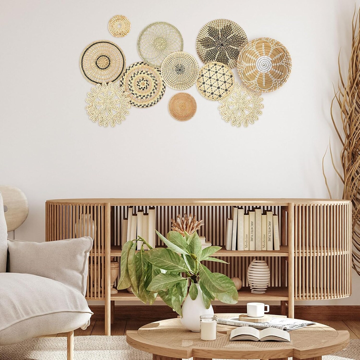 11 Pcs Boho Wall Basket Decor Decorative Bulrush Woven Basket Wall Decor Boho Art Round Farmhouse Hanging Baskets for Kitchen Rustic Home Summer Decorations, Multi Sizes(Vivid)