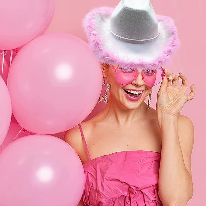 4E&#x27;s Novelty Cowgirl Hat with Pink Feathers &#x26; Heart Shaped Sunglasses, Cowboy Hats for Women Costume Accessory