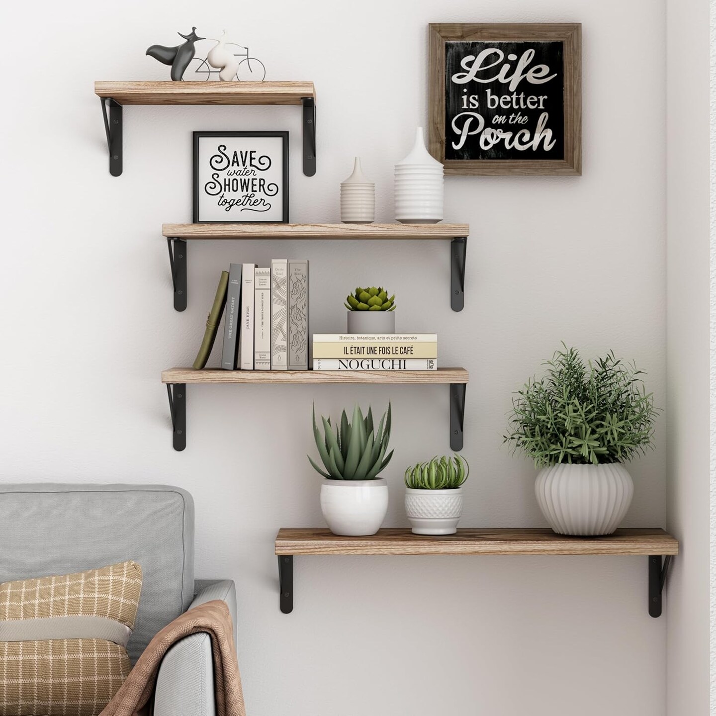Floating Shelves for Wall Different Sizes Farmhouse Wall Shelf for Bedroom, Bathroom Shelves for Storage, Hanging Shelves for Living Room, Wood Floating Shelf for Kitchen Decor(Set of 4)
