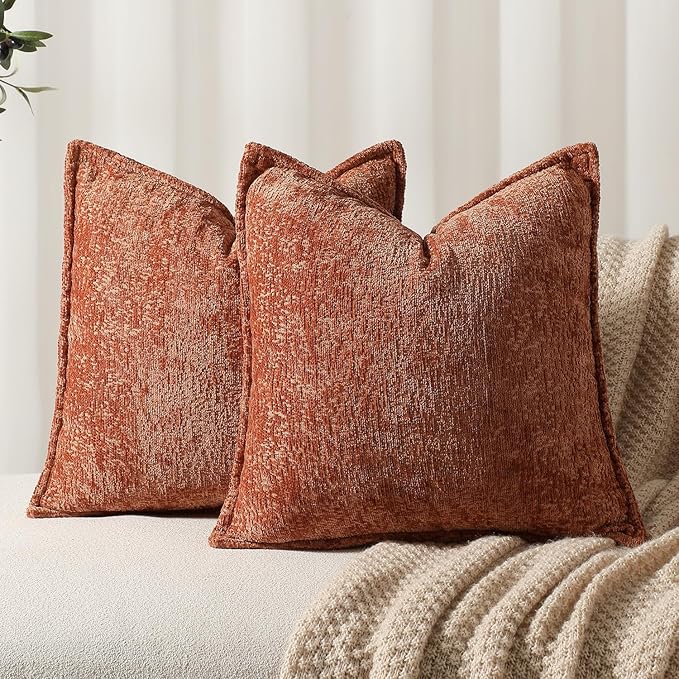 Pack of 2 Burnt Orange Fall Decorative Throw Pillow Covers 18x18 Cozy Soft Chenille Accent Vintage Square Couch Pillow Covers for Home Decor Bed Sofa Living Room