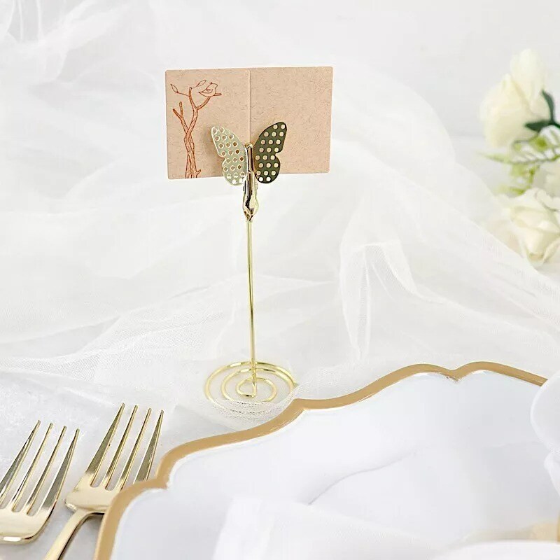 5 Gold 5&#x22; Metal Table Number Sign Holder Stands Butterfly PLACE CARD Clips Party