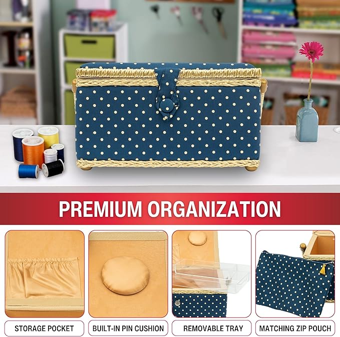 Large Sewing Basket with Matching Zipper Pouch For Sewing &#x26; Organization On-The-Go (Polka Dot Print)