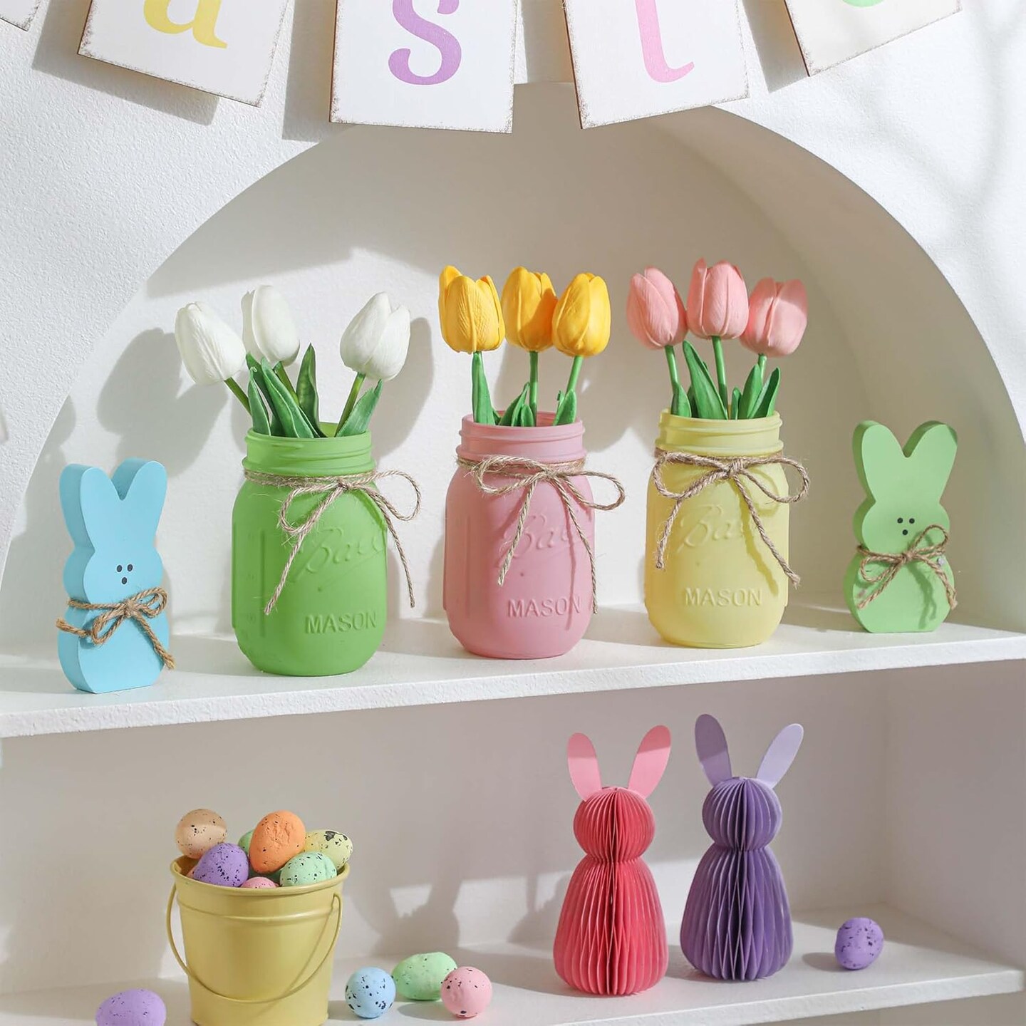 Spring Decorations, Spring Mason Jar Centerpiece for Table with Wood Tray & Artificial Tulips