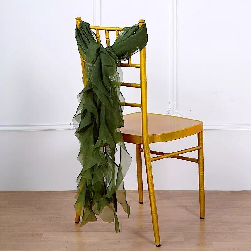 Olive Green Premium Curly Chiffon CHAIRS Covers Cap SASHES Bows Ties Home