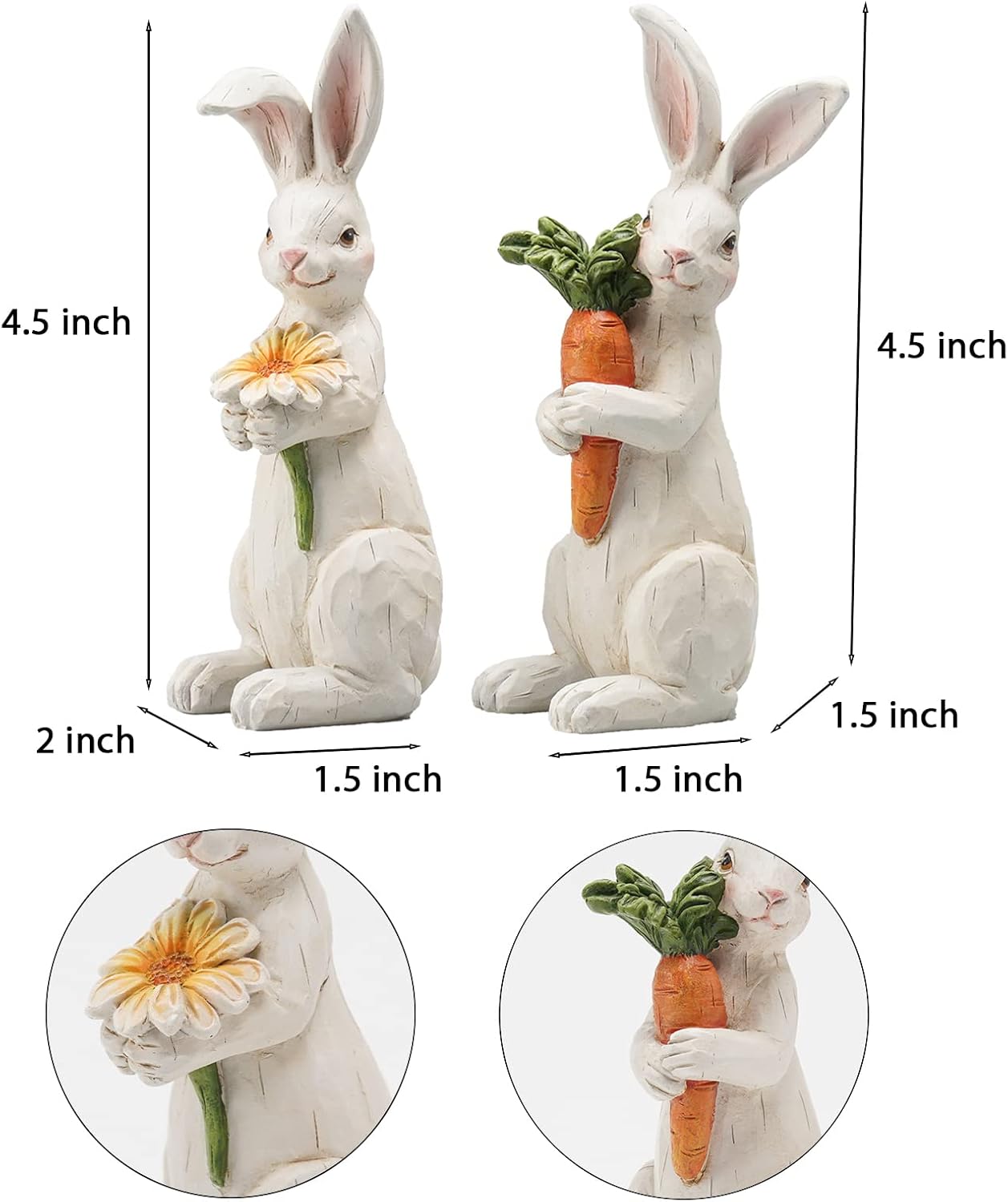2-Piece Spring Bunny Figurine Set – 4.5" Resin Rabbits with Carrot and Flower, Tabletop Easter and Spring Décor for Home or Farmhouse Centerpieces