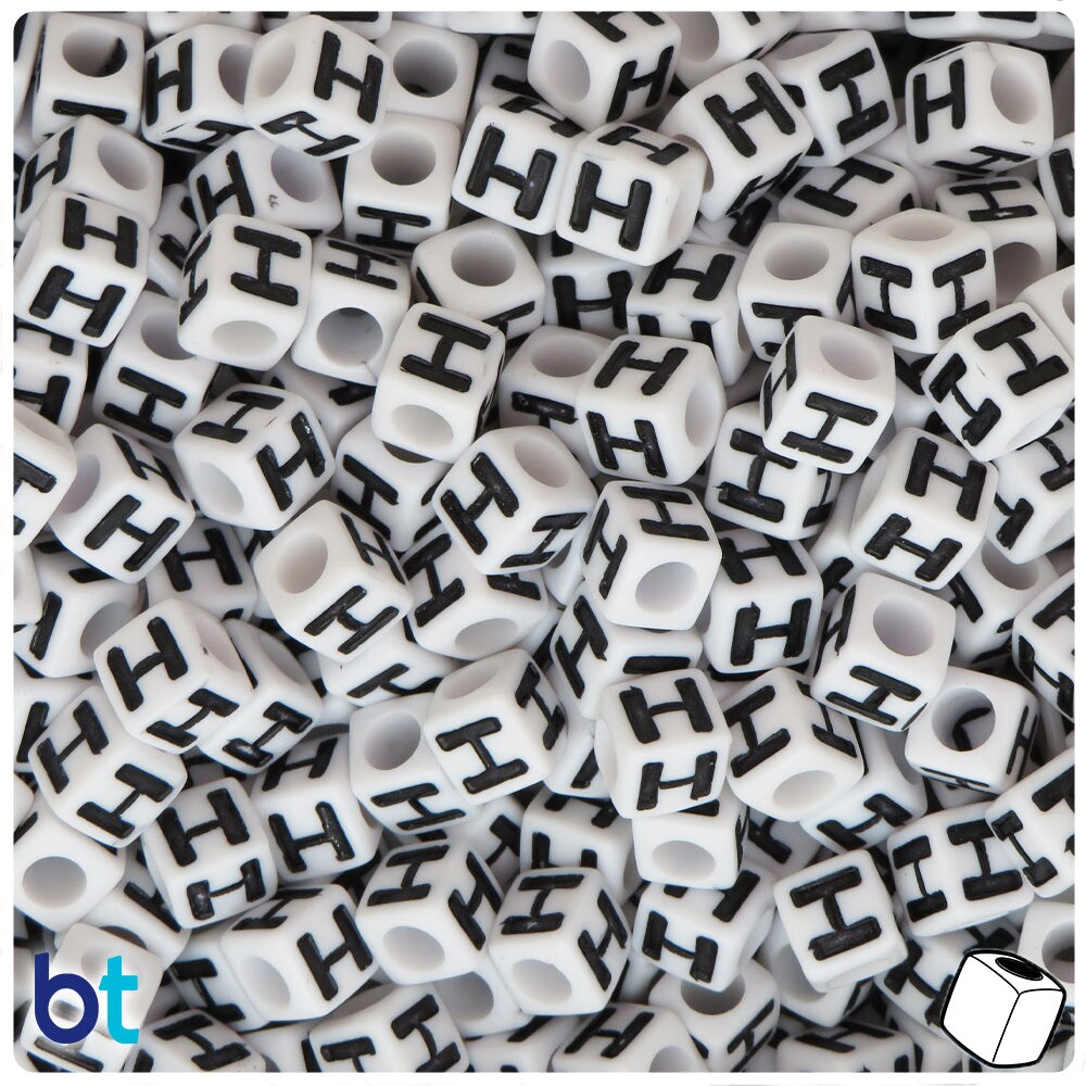BeadTin White Opaque 7mm Cube Plastic Alpha Beads - Black Letter H (75pcs)