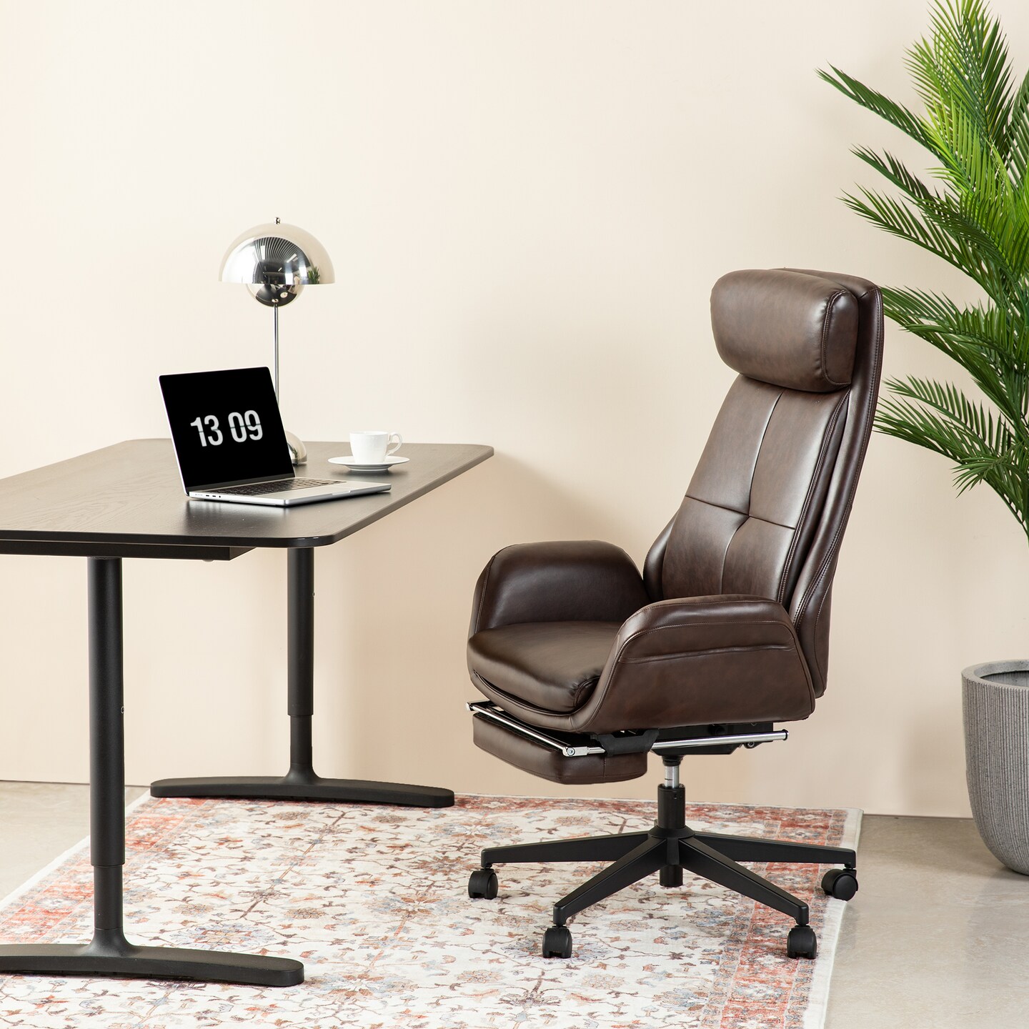 Mid-Century Modern Coffee Leatherette Gaslift Adjustable Swivel High Back Office Chair with Footrest and Armrest