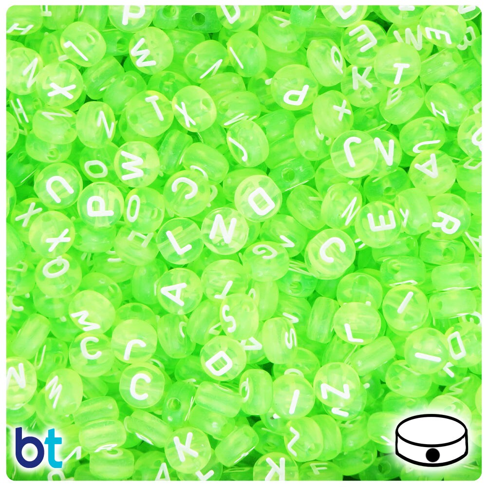 BeadTin Light Green Transparent 7mm Coin Plastic Alpha Beads - White Letter Mix (250pcs)