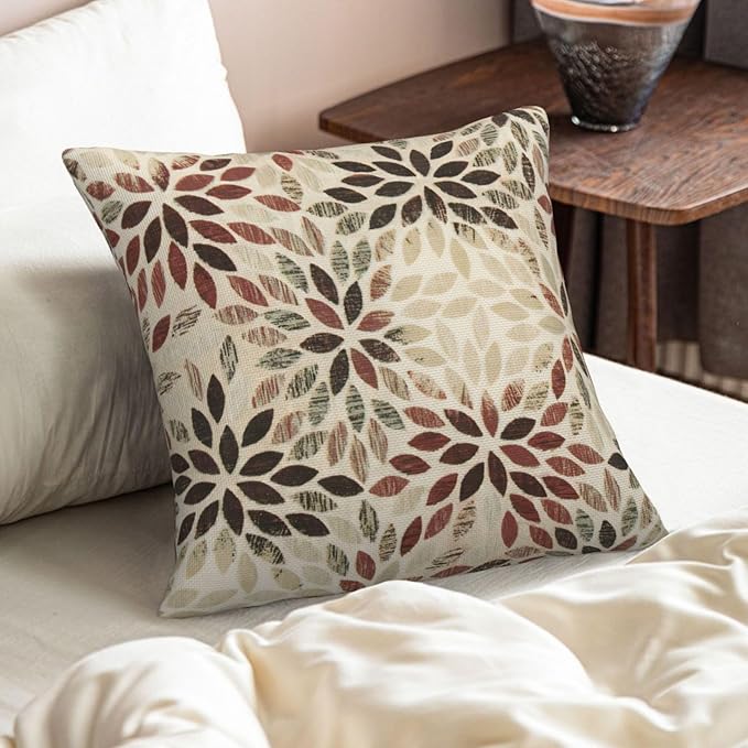 Burgundy Red Brown Pillow Covers 18x18 Inch Set of 2 Summer Rust Geometric Flower Outdoor Decorative Throw Pillows Farmhouse Dahlia Pillow Case Linen Square Cushion Cover for Home Sofa Bedroom