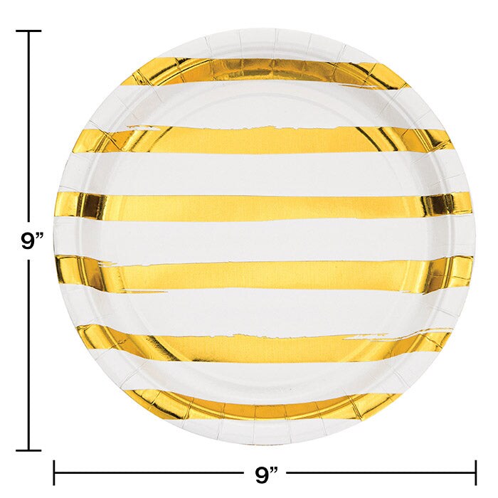 White &#x26; Gold Foil Striped Paper Plates (8/Pkg)