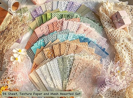 96 Sheets Textured Scrapbook Paper & Mesh Fabric – 6-Pack Assorted Set for Scrapbooking, Planners, Journals, Mixed Media, Collage & Card Embellishments, 3.9"x5.5"