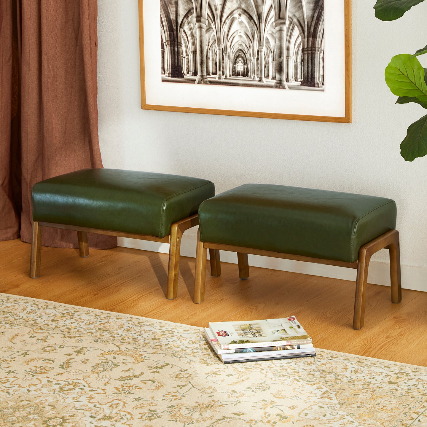 Mid-century Modern Leatherette Accent Stool with Walnut Rubberwood Legs