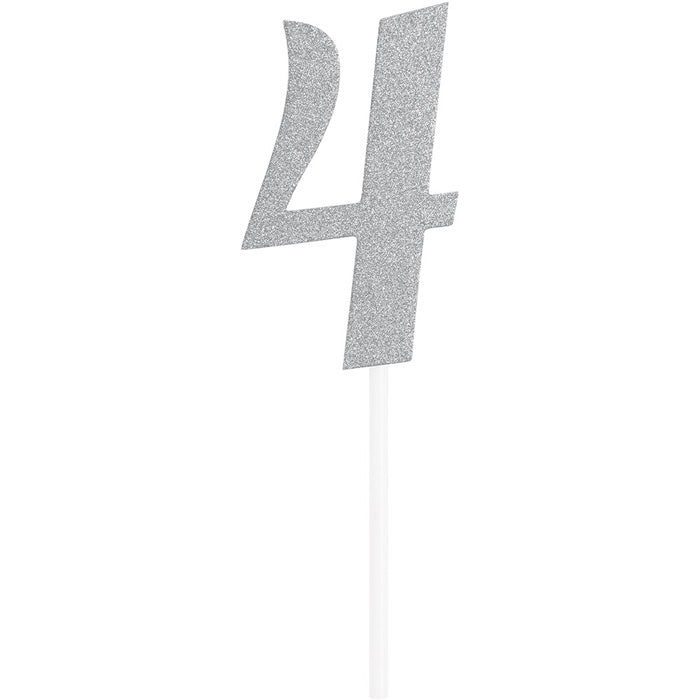 Number 4 Silver Glitter Cake Topper