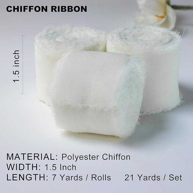 3 Rolls Cream White Silk Ribbon, 1.5&#x22; x 7Yd Handmade Chiffon Ribbon, for Gifts Wrapping, DIY Crafts, Wedding Invitations, Bridal Bouquets