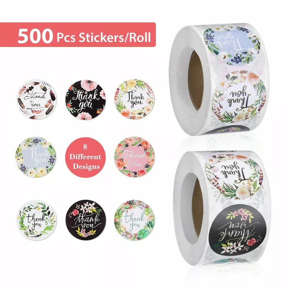2 Roll of 1000 Pcs 1" Assorted Floral Thank You Stickers Round Sealing Labels US