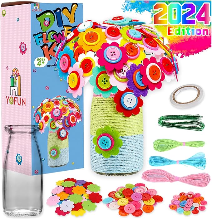 Flower Craft Kit for Kids - Make Your Own Flower Bouquet with Buttons and Felt Flowers, Vase Art Toy &#x26; Craft Project for Children, DIY Activity Gift for Boys &#x26; Girls Age 4 5 6 7 8 9 Year Old
