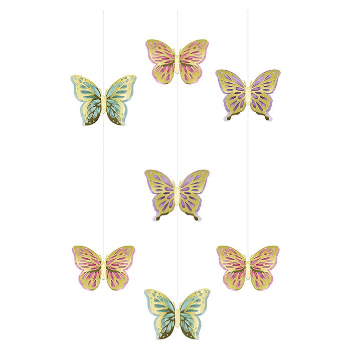Butterfly Shimmer Foil Hanging Cutouts w/ Honeycomb (3/Pkg)