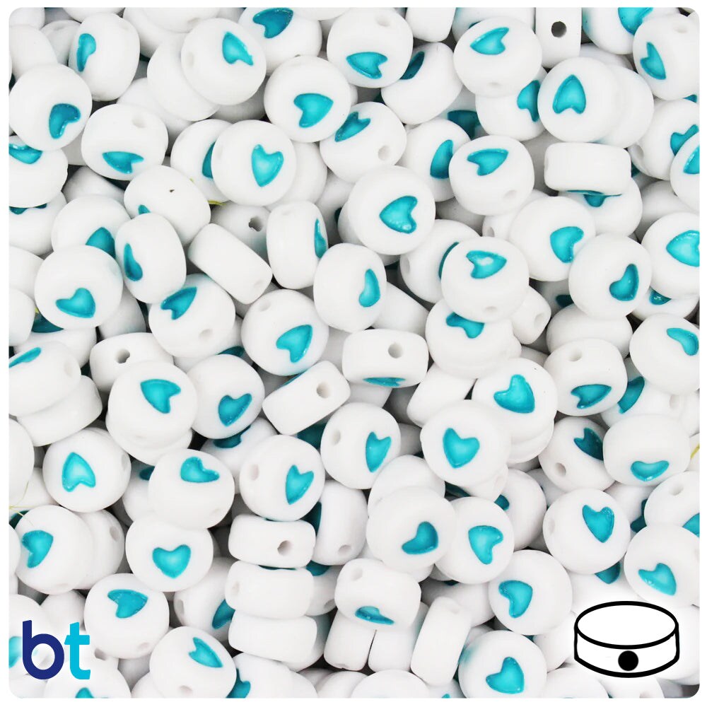 BeadTin White Opaque 7mm Coin Plastic Alpha Beads - Light Blue Hearts (250pcs)