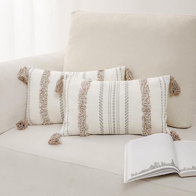 Pack of 2 Lumbar Throw Pillow Covers with Tassels Cotton Boho Modern Decorative Cushion Case for Couch Bedroom, 12&#xD7;20 Inch Light Brown
