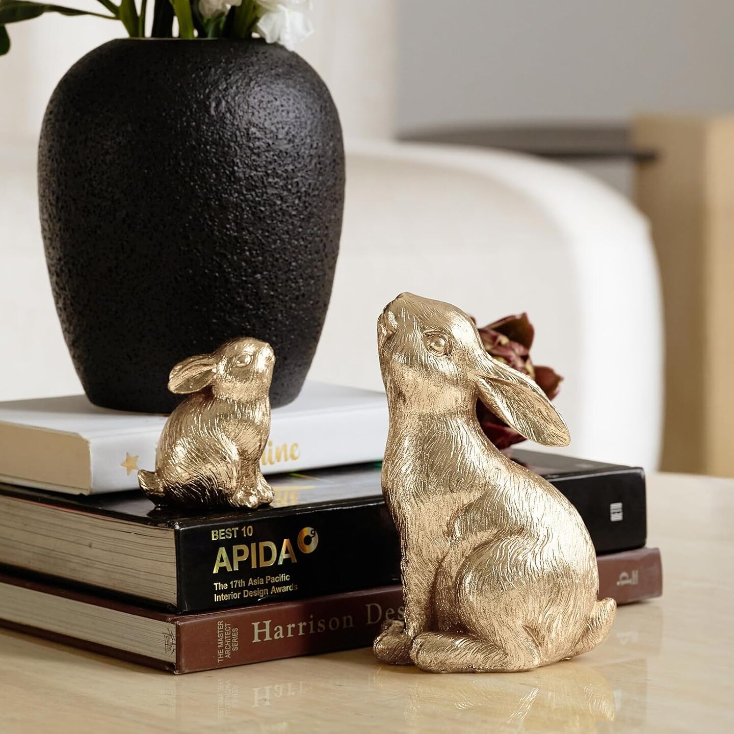 Set of 2 Easter Bunny Figurines, Gold Home Decor Resin Rabbit Statue