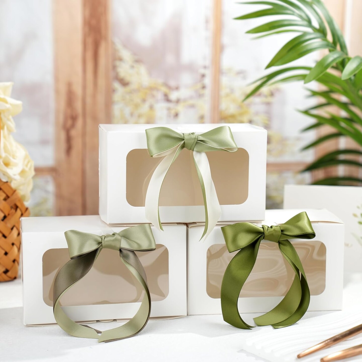 Sage Green Ribbon 1 Inch Moss Green Double Face Satin Ribbon 6 Rolls Sage Ribbon for Wedding Green Ribbon for Baby Shower Ribbon for Gift Wrapping Hair Bows Crafts - 60Yards