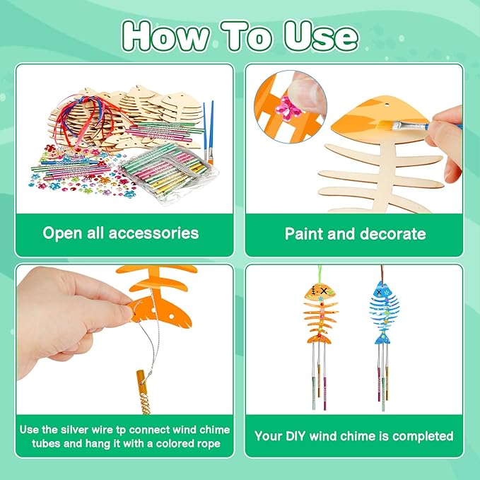 30 Pack Wind Chime Kit Make Your Own Fish Wind Chime Wooden Arts and Crafts for Girls Boys Ornaments DIY Coloring Spring Craft for Birthday Winter Decoration