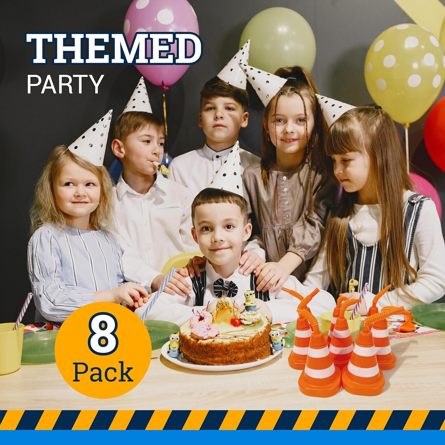 4E&#x27;s Novelty 8-Pack Construction Cone Cups, 10oz Plastic Cup with Lid &#x26; Straws, Construction Theme Party Cups