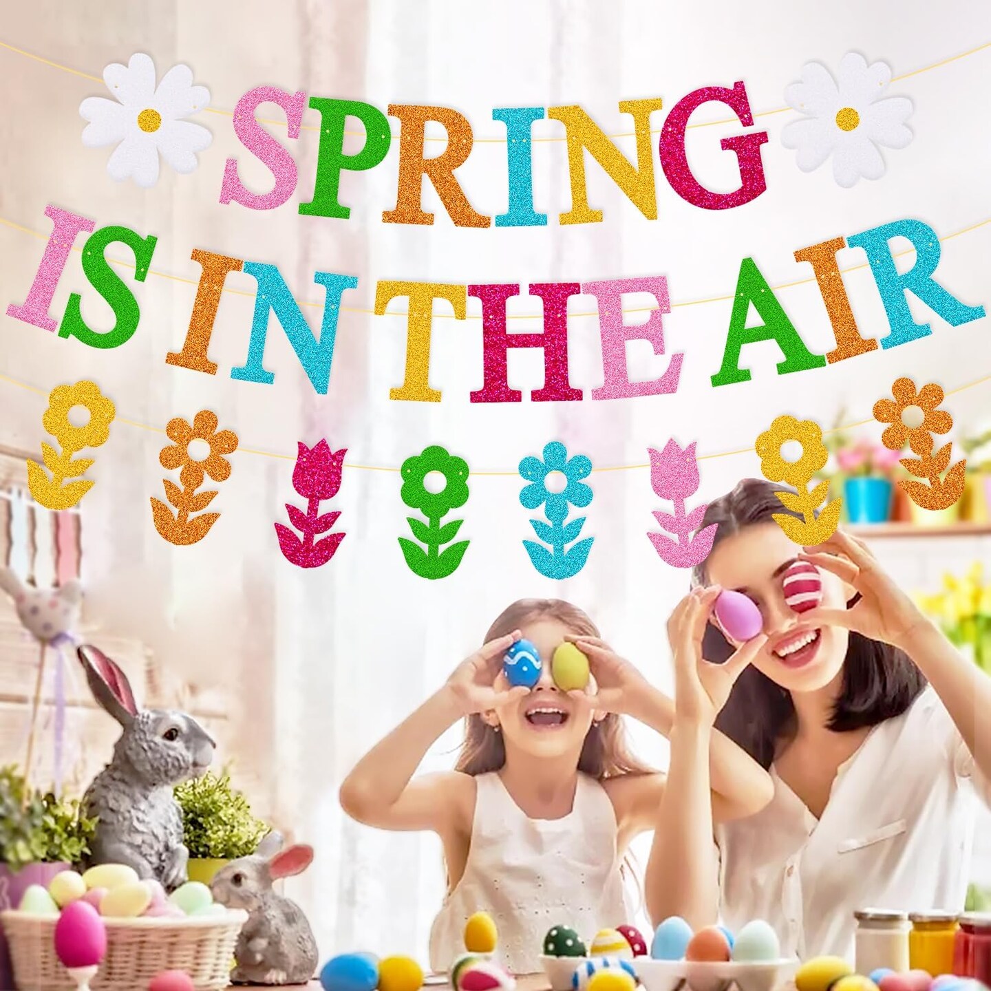 Spring is in The Air Banner Hello Spring Party Decorations Tulips Flowers Garland Welcome Spring Happy Easter Festival Colorful Glitter Party Supplies