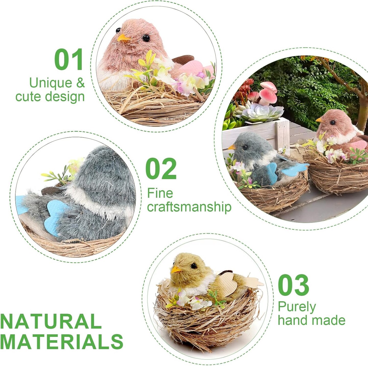 Sisal Bird Nest Easter Decor,Set of 3 Lifelike Birds Nest Figurines for Spring Home Decor