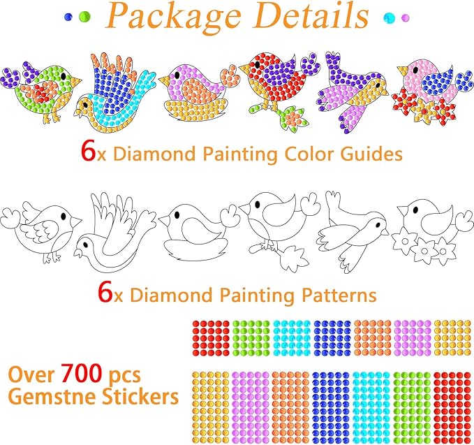 6 Pcs Summer Arts Crafts DIY Spring Bird Gem Diamond Suncatcher Crafts for Kids Spring Diamond Painting Gifts Exchange for Kids Girls Boys Aged 4 6 8 10 for Home School Birthday Party Decor