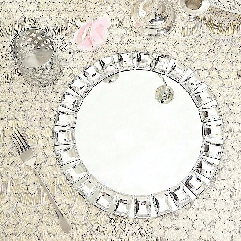 2 Silver 13-Inch Round Glass Diamond Rimmed Charger Plates Dinner Party Supplies