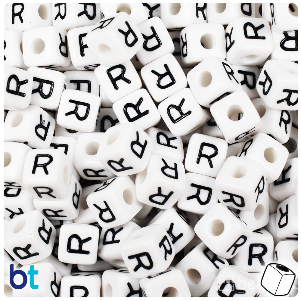BeadTin White Opaque 10mm Cube Plastic Alpha Beads - Black Letter R (20pcs)