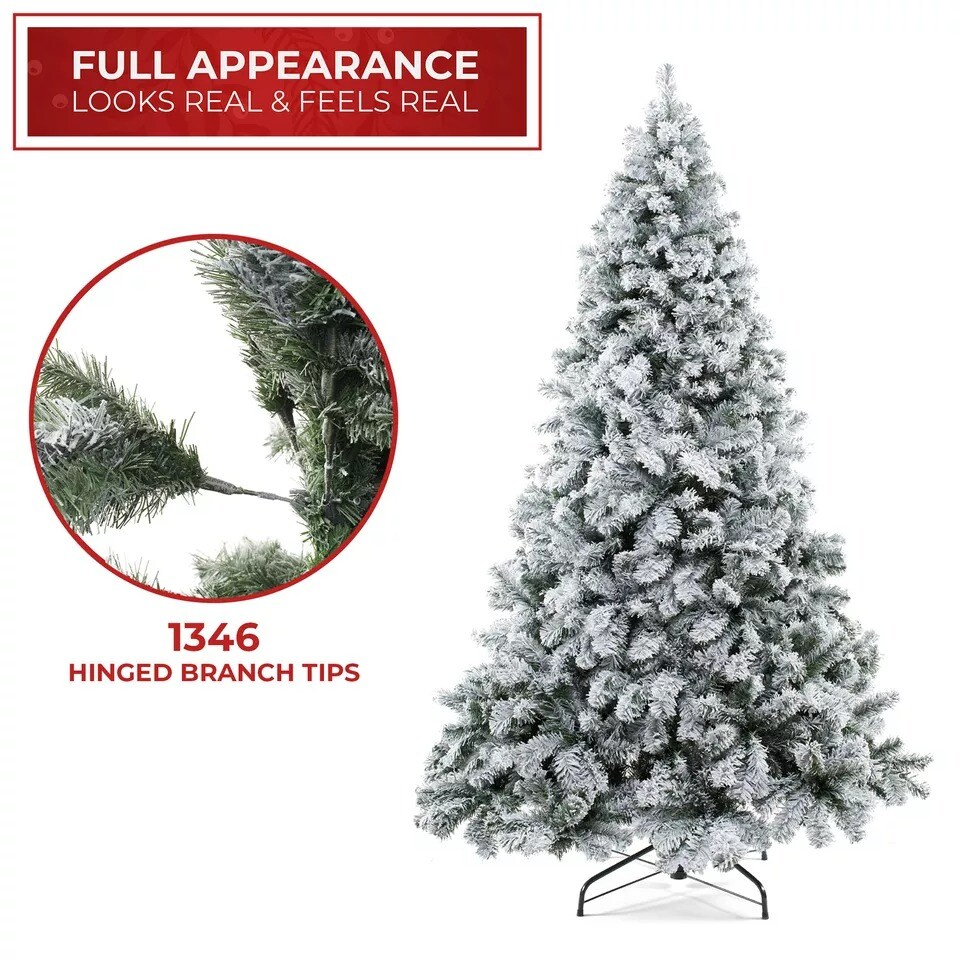 7.5FT Snow-Flocked Pine Realistic Artificial Holiday Christmas Tree with Stand