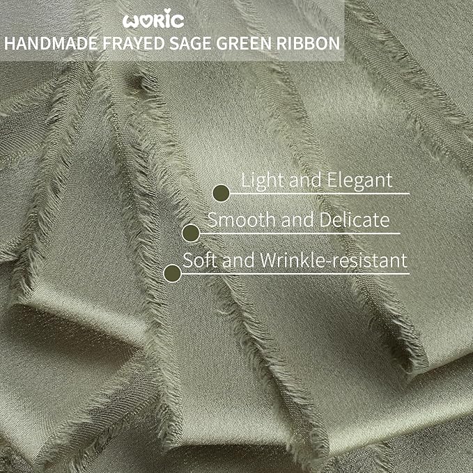 Sage Green Silk Ribbon 1 1/2" x 20 Yard Frayed Edge Light Green Satin Ribbon for Gift Wrapping Party Wedding Invitation Flower Bouquet Holiday Decor