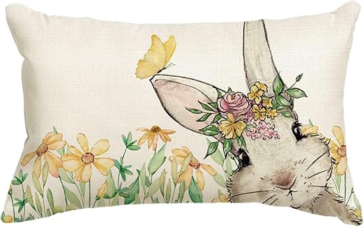 Easter Bunny Throw Pillow Cover – 12x20" Spring Rabbit Cushion Case