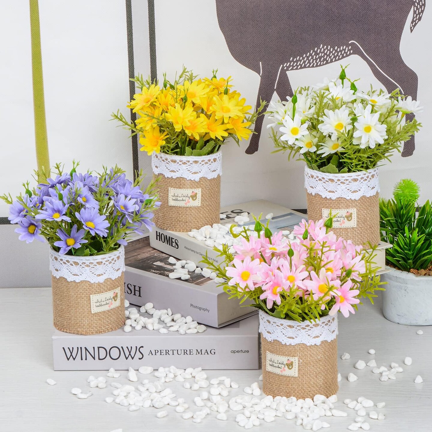 Set of 4 Mini Artificial Daisy Flowers in Pots – Faux Silk Floral Décor for Home & Office