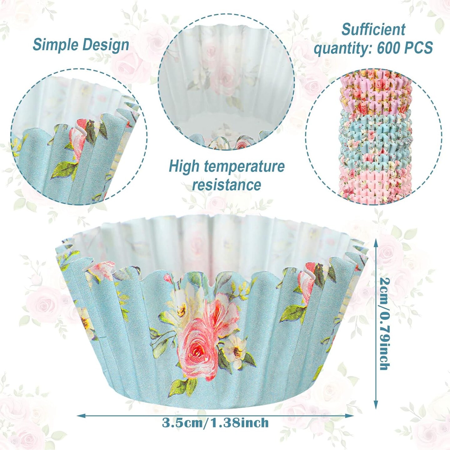 600 Pcs Floral Mini Cupcake Liners for Baking Watercolor Flower Small Cupcake Liners Wrappers Tea Party Baking Paper for Shower Wedding Bridal Showers Birthday Party Decoration
