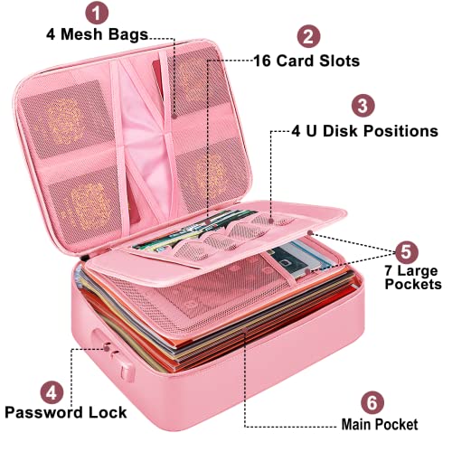 File Organizer Bag with Lock, Fireproof Document Bag with Water-Resistant Zipper,3-Layer Portable Travel Home Office Filing Storage Safe Bag for Files,Cash,Laptop,Passport,Certificates,Pink