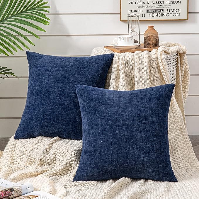 Decorative Square Throw Pillow Covers 18&#x22;x18&#x22; Inch Set of 2, Super Soft Chenille Pillows Cover Fall Pillowcase for Living Room Bedroom Sofa Couch Cushion Cover Navy Blue 45x45cm