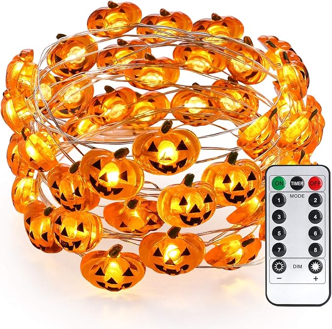 Pumpkin Halloween String Lights - 40 LED, 13.12ft, 8 Modes with Remote & Timer, Flexible Copper Wire Jack-O-Lantern Lights for Warm White Halloween Party Decorations
