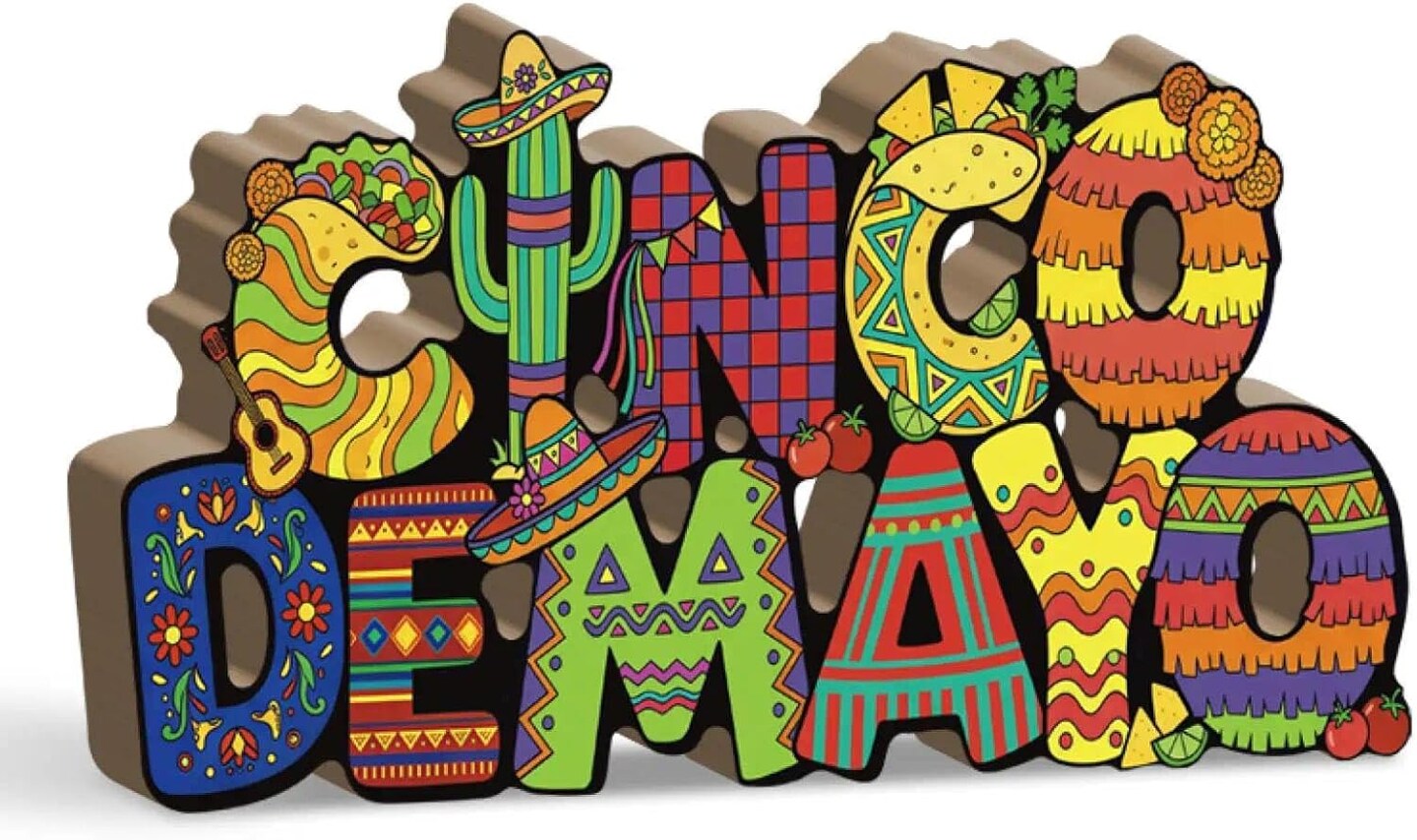 Cinco de Mayo Wooden Ornaments – Colorful “Cinco de Mayo” Letter Sign – Mexican Fiesta Table & Shelf Decor with Cactus, Sombrero, Guitar & Taco Designs – MDF Freestanding Party Decoration – Perfect for Mother's Day Card Making Displays