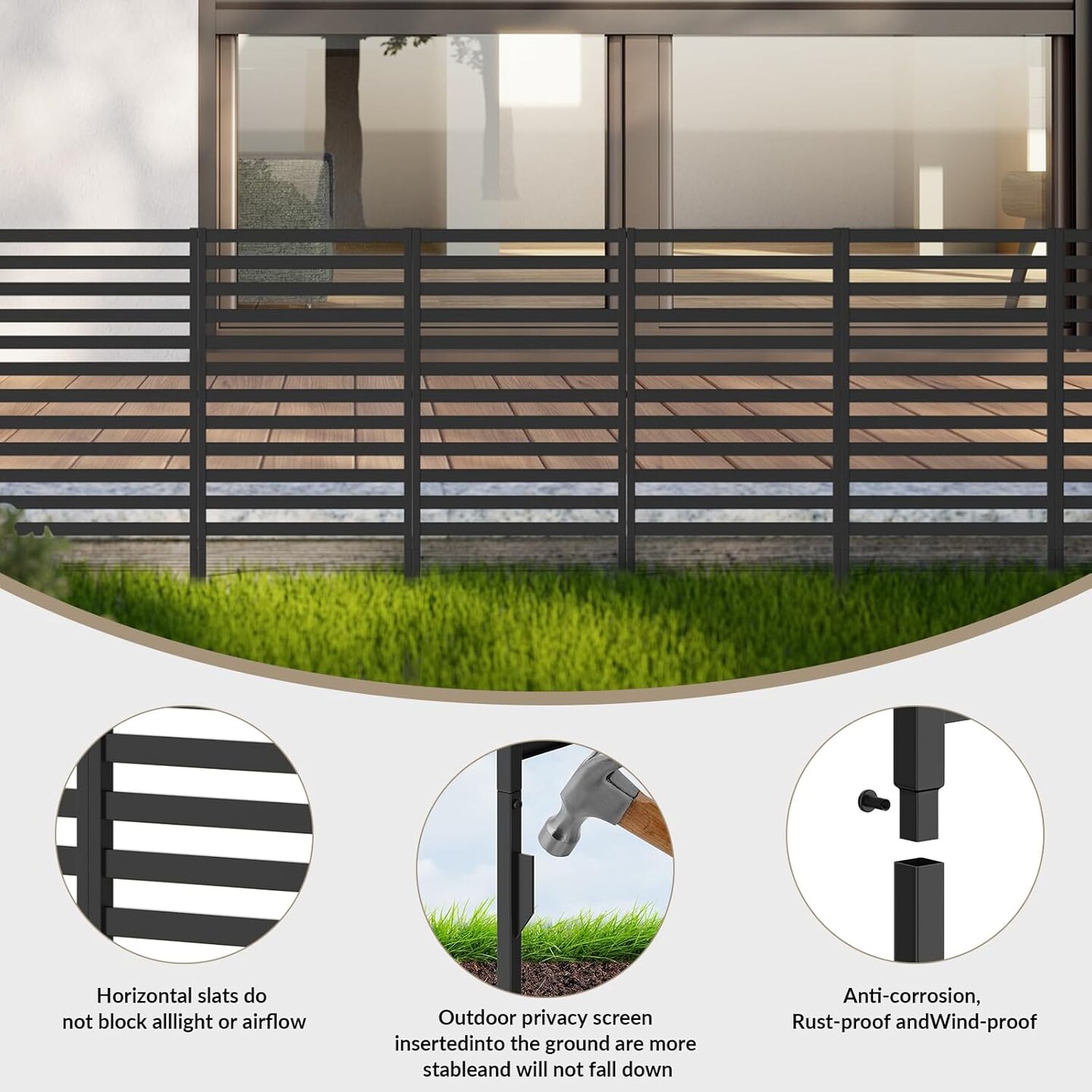 Black Metal Outdoor Privacy Screen &#x2013; 12-Panel Adjustable Garden Fence with 6 Stakes, Weather-Resistant Patio Divider for Yard, AC Units, and Pool Areas