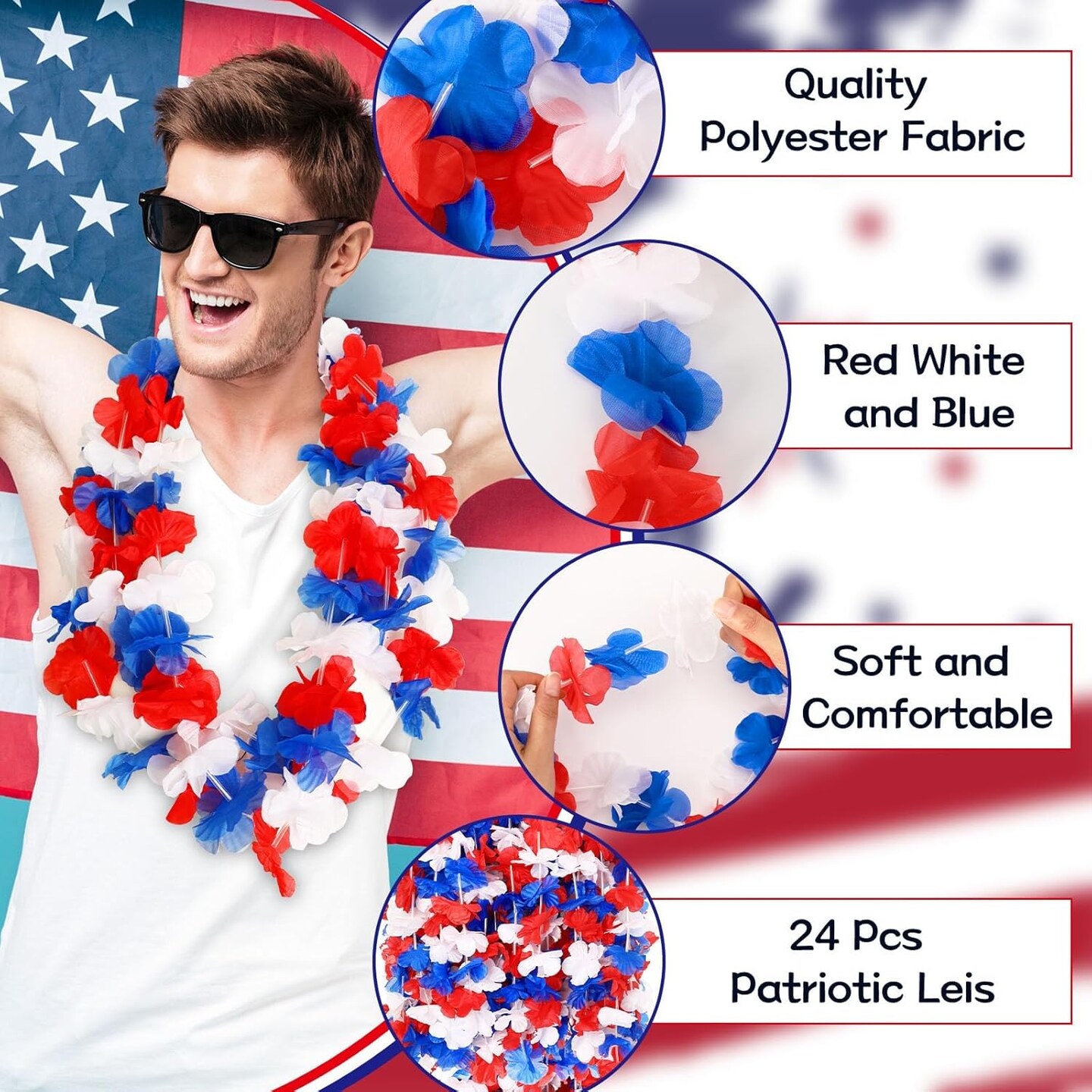 24 Pack Patriotic Leis Red White and Blue Flower Leis, 4th of July Garlands Hawaiian Luau Flower Necklaces Bulk for Fourth of July, Memorial Day, Independence Day Decorations Party Favors
