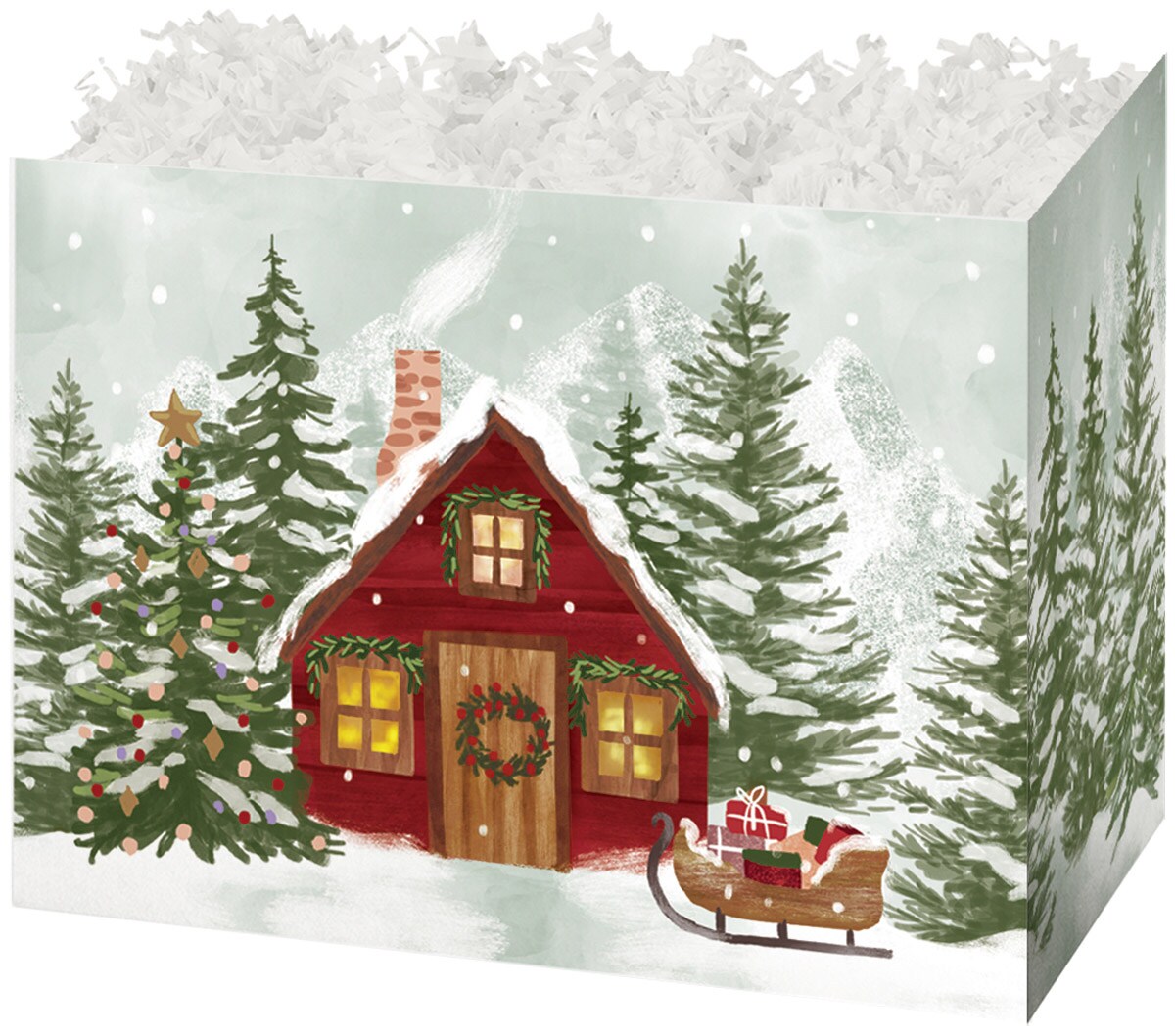 Pack/6: Christmas Cottage Basket Box - 10-1/4 x 6 x 7-1/2&#x22;
