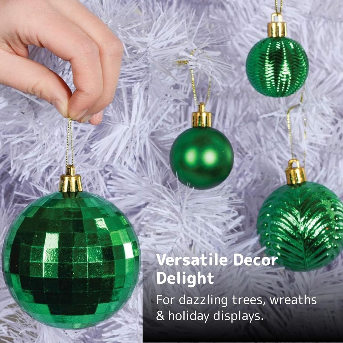 36pcs green shatterproof Christmas ornaments in 3 sizes and 6 styles for trees, wreaths, and holiday decor.