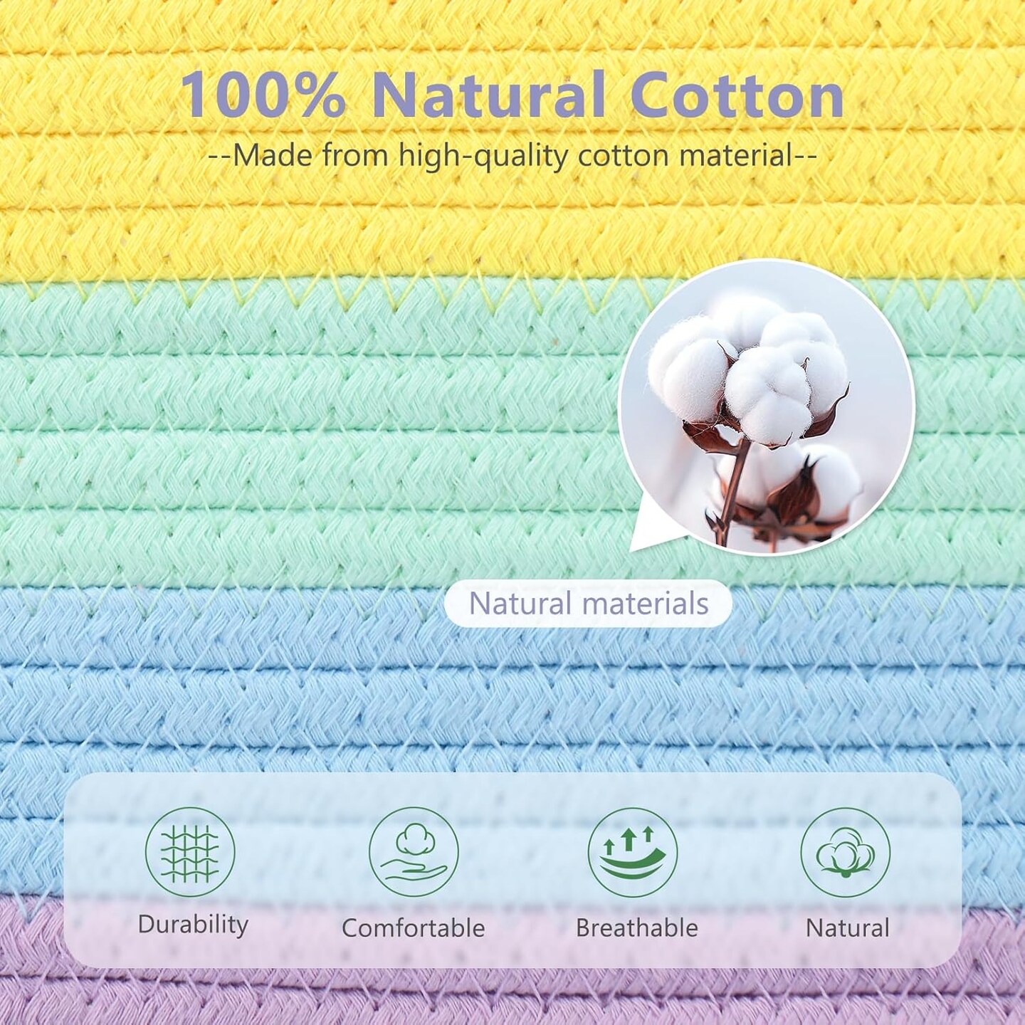 Summer Cotton Rope Storage Basket, Woven Basket for Shelves, Clothes, Toys, Towels, Books, and Laundry, Durable and Stylish, Rainbow (1 Pack)