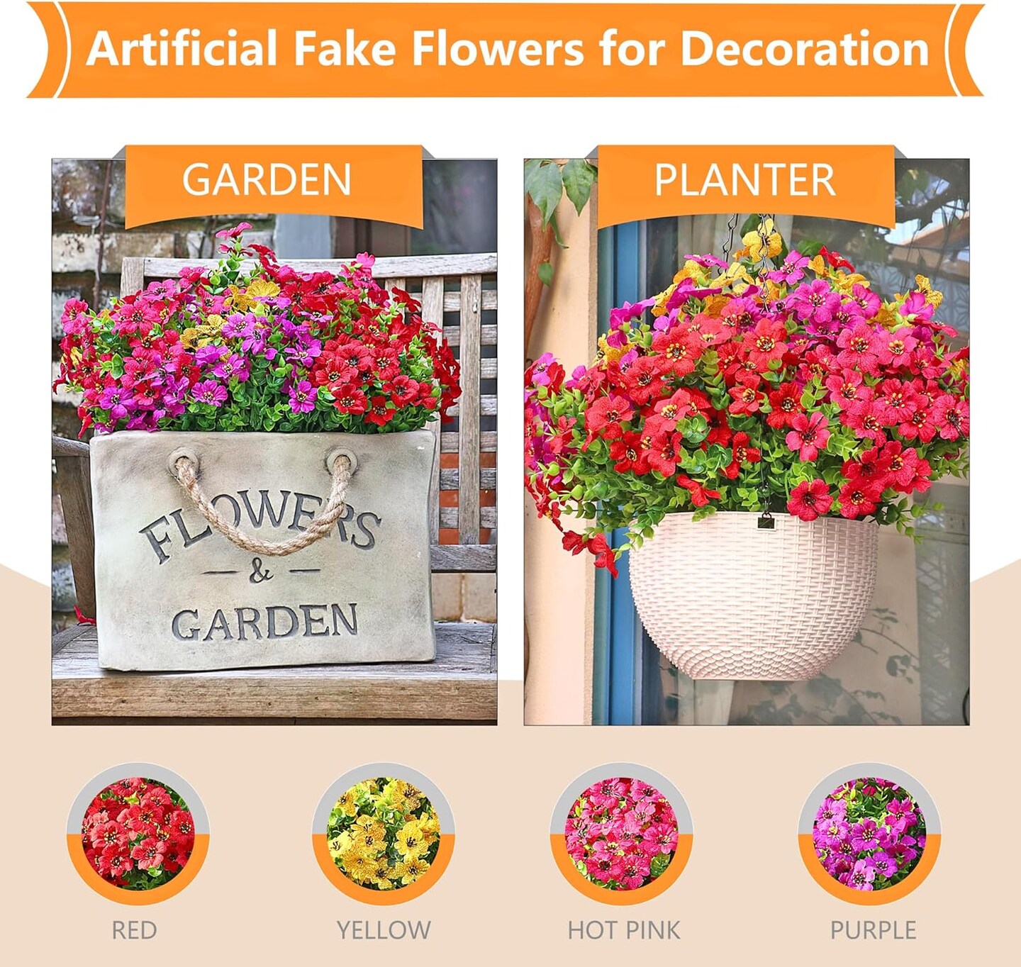 16 Bundles Summer Potted Artificial Flowers for Outdoors, Faux Plants Flowers