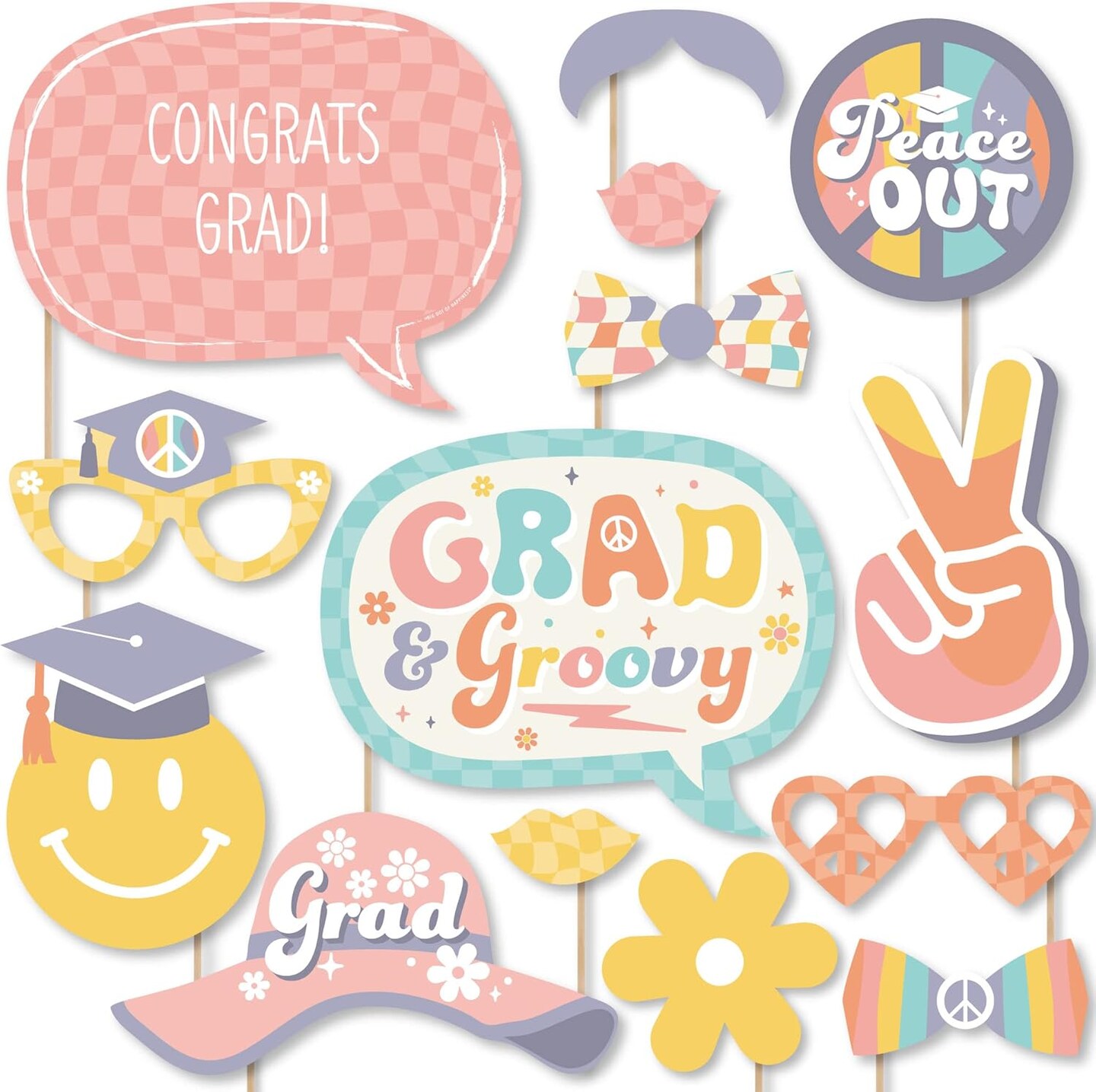 20PCS Groovy Grad Photo Booth Props – Hippie Graduation Party Kit