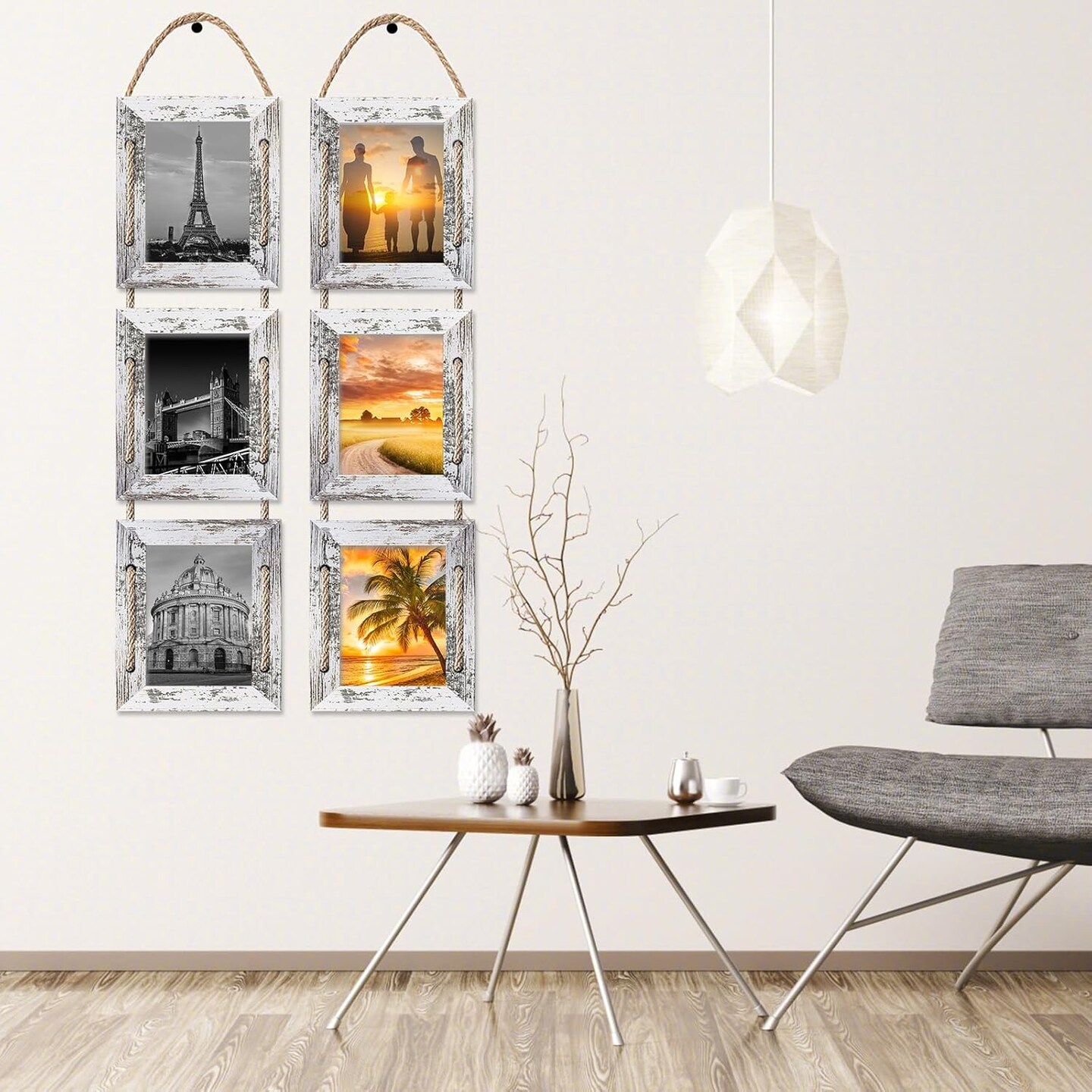 4x6 Hanging Collage Picture Frames Wall Decor, 3-Opening 4x6 Rustic Wood Frame with Hemp Rope, 2 Pack,White